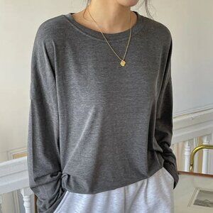 Brushed Gray Drop Sleeve Slouchy Pullover Sweatshirt Top